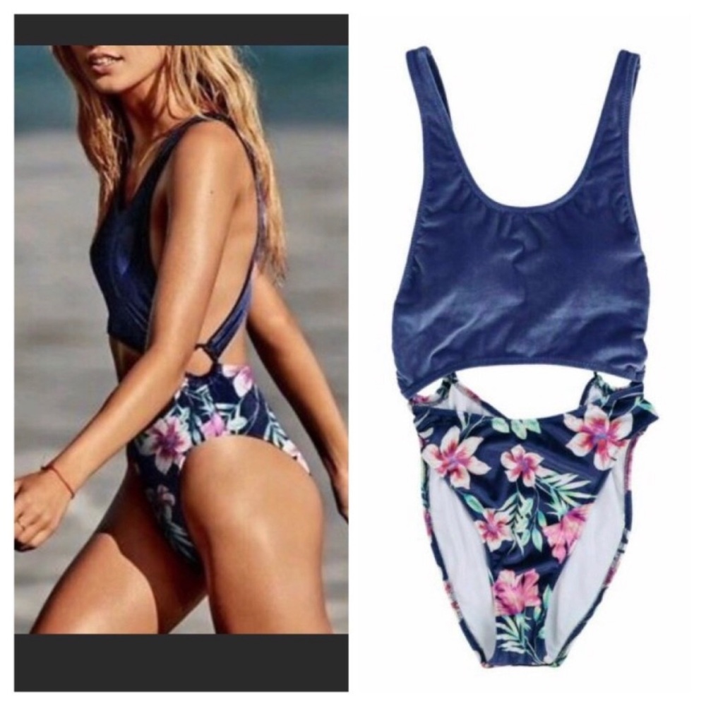 New VS PINK Victoria’s Secret Velvet One-Piece Floral Cut-Out Swimsuit. Medium